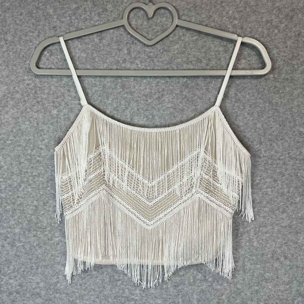 Lulus Ivory Sequin Fringe Crop Top Cami Gatsby Flapper Festival Small FJ96270